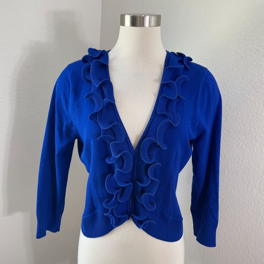 NEW Cable &‎ Gauge Womens Large Blue Ruffle Cardigan Sweater 3/4 Sleeve Knit